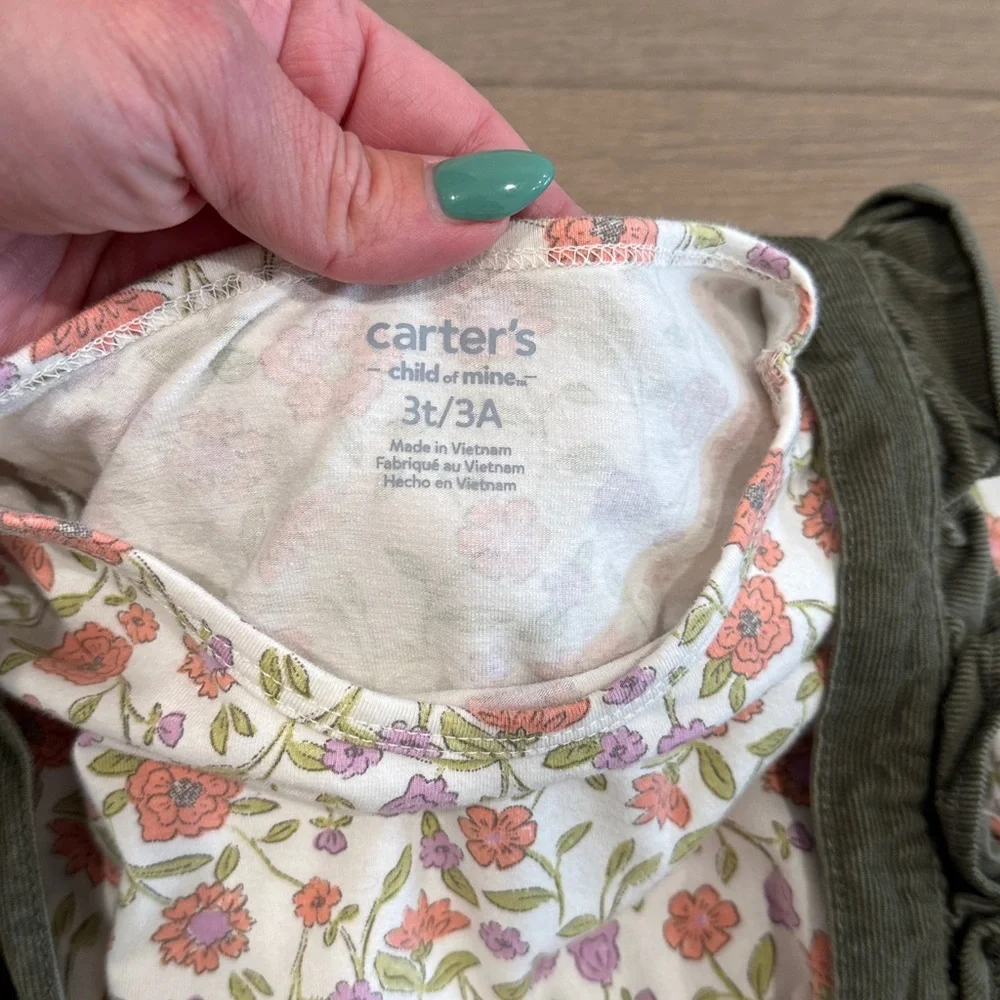 CARTERS Olive Green Corduroy Pink Purple Floral‎ Long Sleeve Girls Dress Size 3T